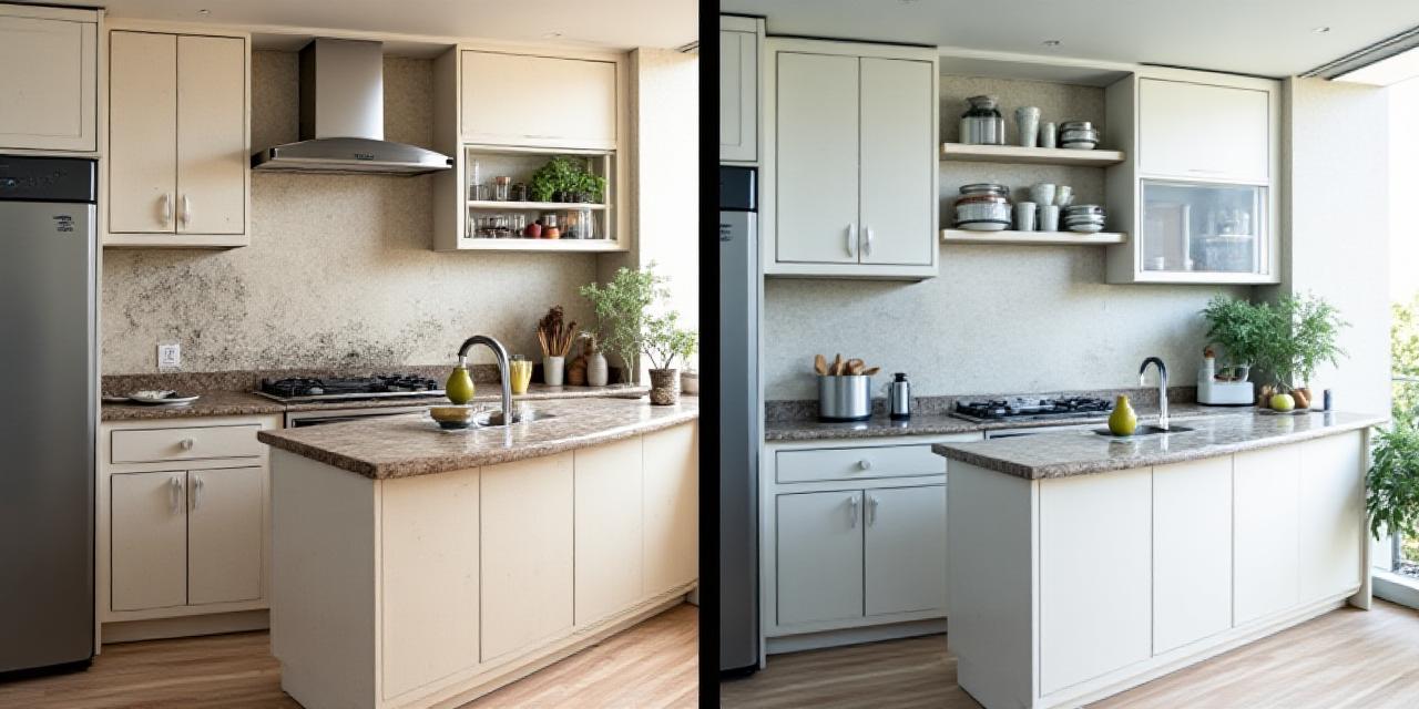 Confronto di una cucina incrostata prima della pulizia e pulita dopo