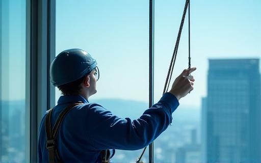 Professionista che pulisce una vetrata